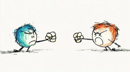 Playful cartoon characters in a friendly conflict, depicting emotion and humor in a scribbled drawing style