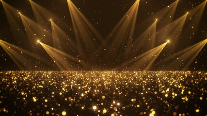 Beautiful Luxury gold magical stardust and sparkling particles space floor, multiple spotlight, galaxy, for Oscar award ceremony event, Digital Art, Modern background, motion design, Loopable, LED, 4K