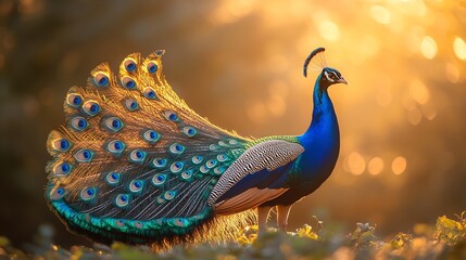 A peacock fluttering its iridescent tail feathers under soft sunlight