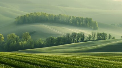 Fototapeta premium Tuscany landscape with green fields and blue sky with clouds.