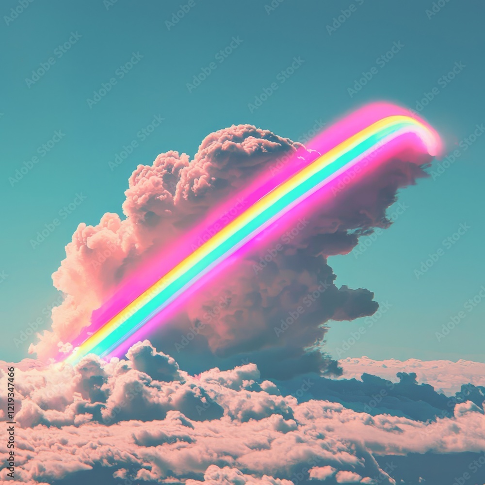 Poster abstract representation of gentle rainbow clouds against a clear sky.