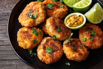 Crispy fried chicken cutlets on black plate served with lime wedges, mustard sauce. Top view closeup of delicious browned, juicy breaded chicken dish. Ready to eat meal perfect for lunch dinner.