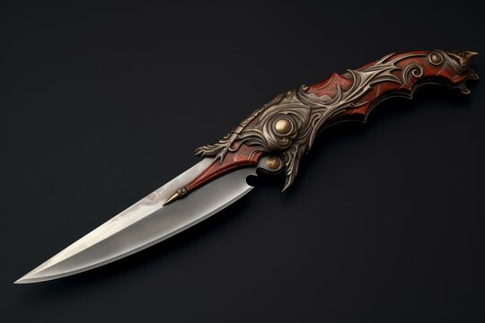 Meticulously crafted fantasy dagger with a decorative hilt lies on a dark surface, exuding an aura of power and mystery