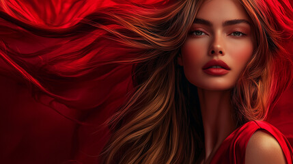 Elegant Portrait of a Female Model in Vibrant Red Tones – Designed for Fashion Advertisements