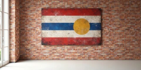 Distressed Flag Artwork on Rustic Brick Wall Interior