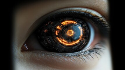 A close-up of a human eye with a futuristic, glowing, metallic, cybernetic implant.