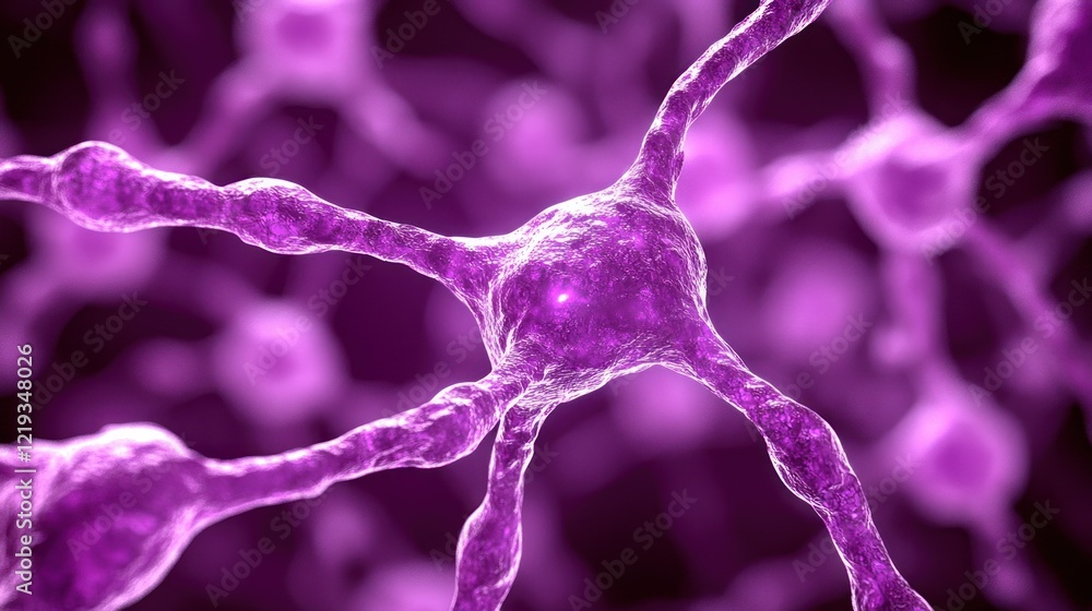Poster a close-up of a purple neuron with its axons and dendrites extending outwards.