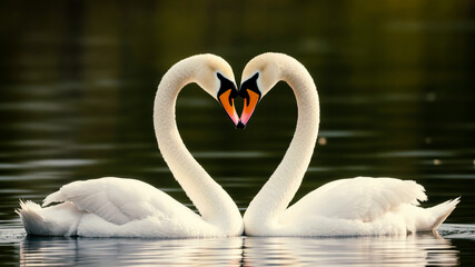 Obraz premium Dramatic Swan Duo Crafting a Heart Shape with Their Necks, Harmony in Nature’s Ecosystem