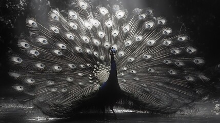 A peacock shaking its feathers in a dramatic courtship display