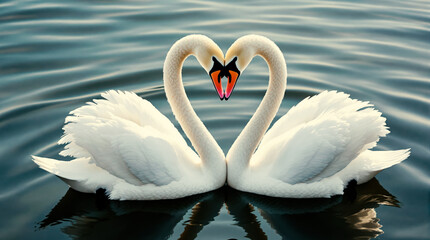 Fototapeta premium Graceful Swans Shaping a Heart with Curved Necks in Reflective Waters, Nature’s Perfect Romance