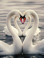 Fototapeta premium Swans Creating a Heart Silhouette with Their Necks, Majestic Birds in a Natural Wetland Habitat
