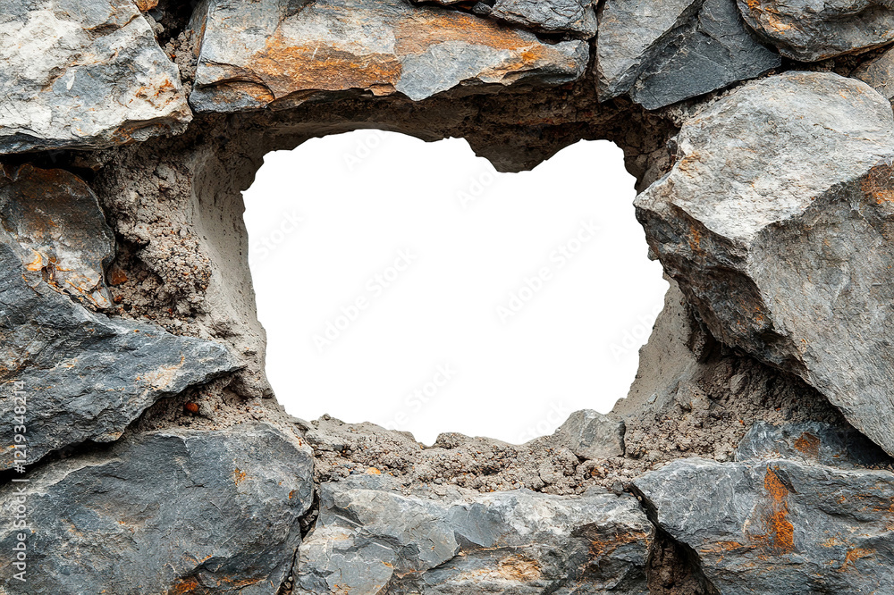 Poster a rough hole in a stone wall with sharp, jagged edges, creating a natural frame against a transparen
