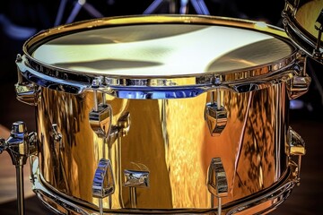 Fototapeta premium A close-up shot of a golden drum on a stage, perfect for musical or performance-related themes
