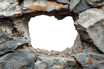 A rough hole in a stone wall with sharp, jagged edges, creating a natural frame against a transparent background