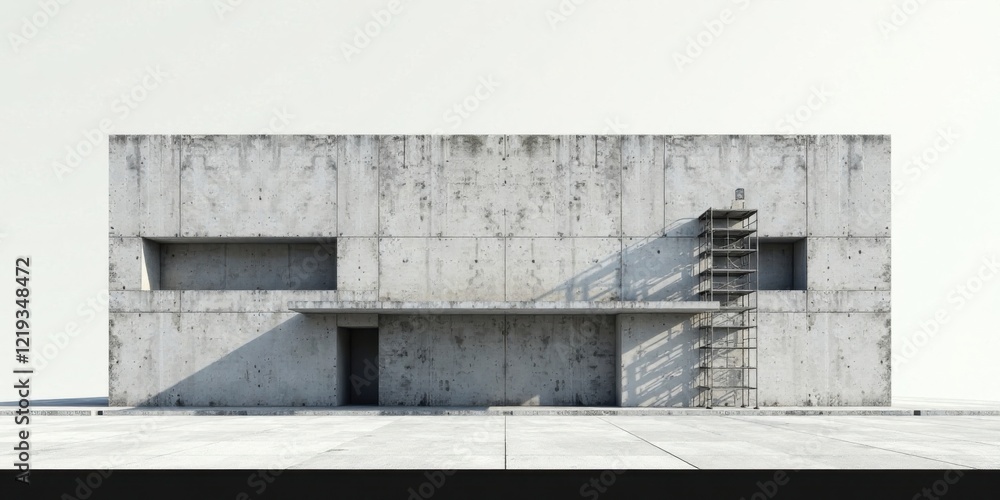 Poster A stark minimalist concrete structure with an attached scaffolding, presenting a strong architectural aesthetic.