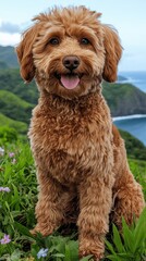 Fototapeta premium Adorable Fluffy Dog with Curly Fur Smiling in Scenic Mountain Landscape by Ocean: Discover Nature's Beauty and Canine Charm in Vibrant Blossom-filled Surroundings