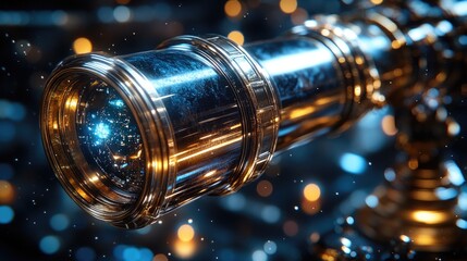 A telescope with a blue light shining through it