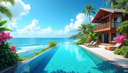 Stunning Infinity Pool Surrounded by Lush Tropical Flora with Ocean Views, Perfect for Luxury Travel or Relaxing Summer Escapes