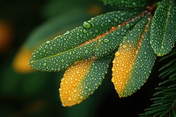 A close-up shot of a leaf with water droplets glistening in the light