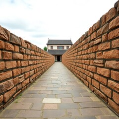 Obraz premium Stonewall, traditional roofed building in the background. 