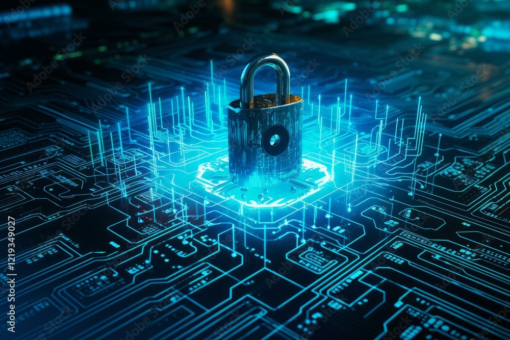 Poster secure digital information with glowing padlock on futuristic circuit board, ensuring robust cyberse