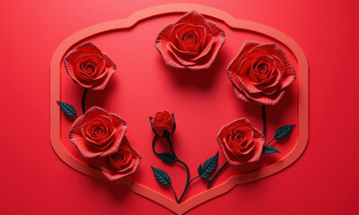 beautiful papercut design featuring red roses on vibrant red background, showcasing intricate details and romantic feel. Perfect for decoration or gifts