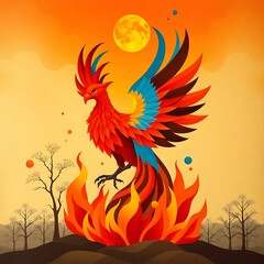 Obraz premium Colorful phoenix rising from flames.