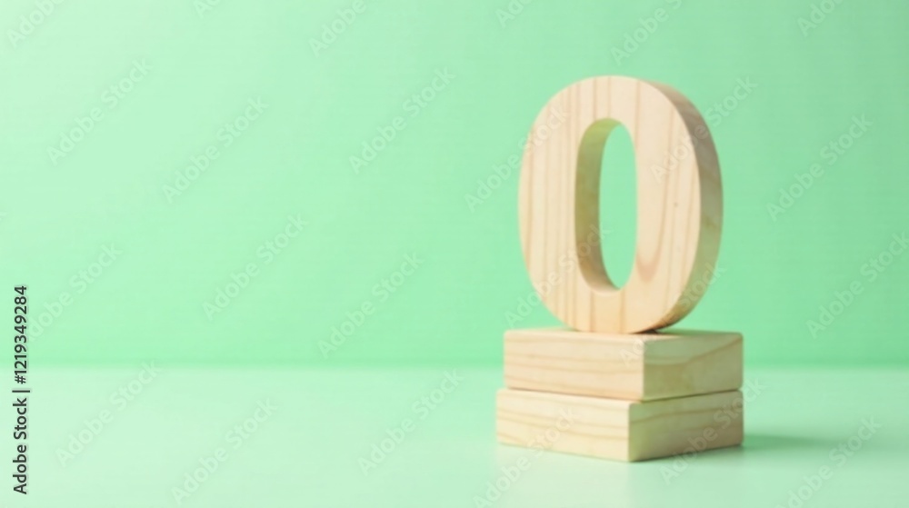Poster wooden number zero on stacked blocks against a pastel green background