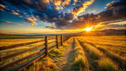 Obraz premium Rustic Ranch Fence at Sunset: Golden Hour Landscape Photography