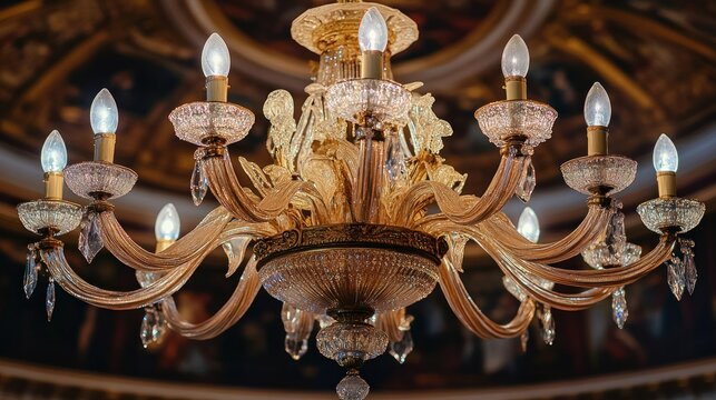 A close-up of an ornate crystal chandelier with lit candle-style bulbs, hanging from a high ceiling in a grand room.