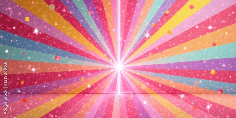Poster pastel rainbow burst background with sparkling elements and a glowing center for festive designs
