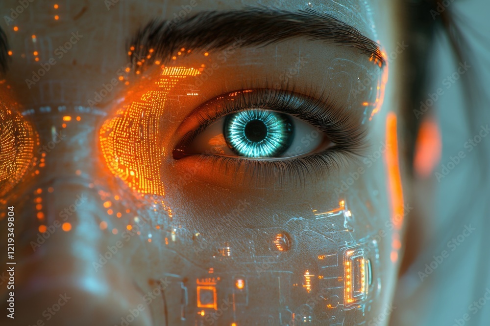 Poster close-up of an eye with a circuit installed, suitable for tech or sci-fi illustrations