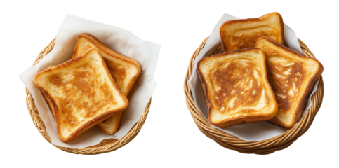 Toast bread slice golden brown in basket top view isolated on white or transparent background PNG