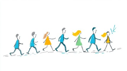 Fototapeta premium Colorful Cartoon Illustration of People Walking in a Line with One Individual Noticed by Others