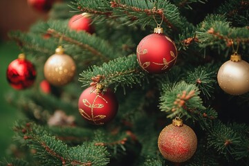 Fototapeta premium A detailed view of a decorated Christmas tree, perfect for holiday promotions or family gatherings