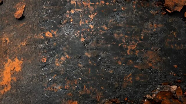 Unique texture of weathered metal surface with orange rust and dark patina in industrial setting
