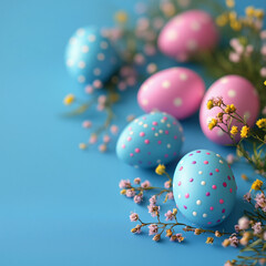 Fototapeta premium beautiful Easter banner in bright colors, Easter eggs, realistic photo, copy space for text