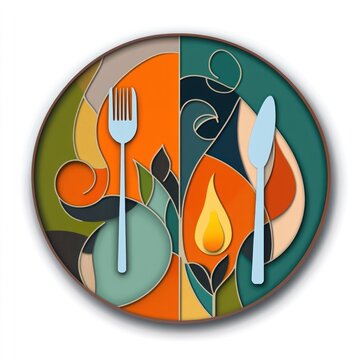recommend clip art: Fork and spoon on round plate, abstract food art in dining background for menu designs