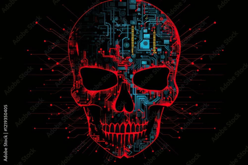 Poster red and blue electronic circuits creating a skull shape representing cyber threats and data breaches