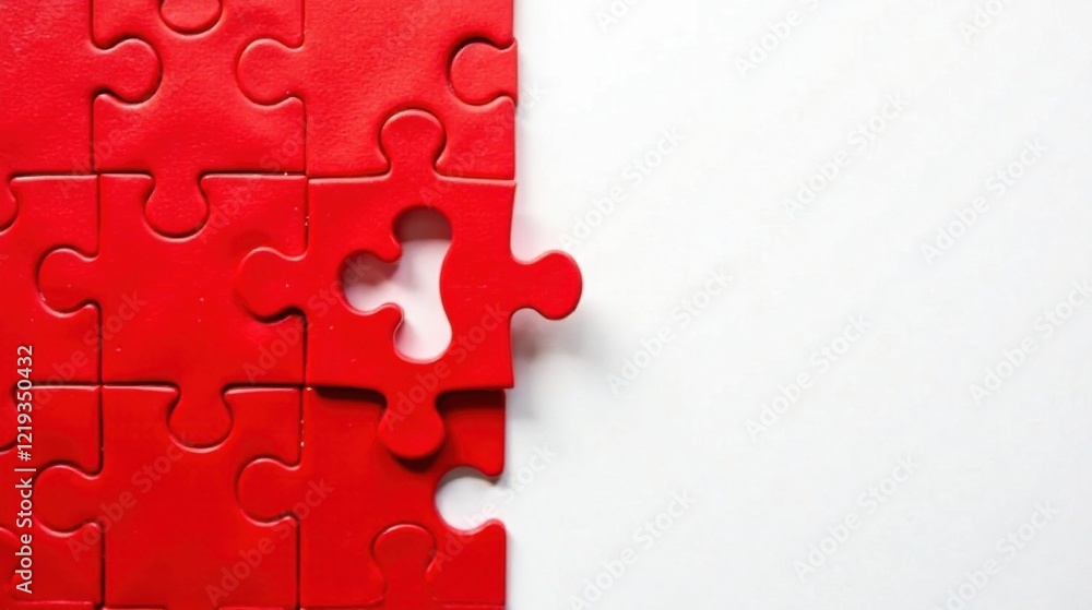 Poster a nearly complete red jigsaw puzzle with one piece missing, suggests the concept of problem solving 