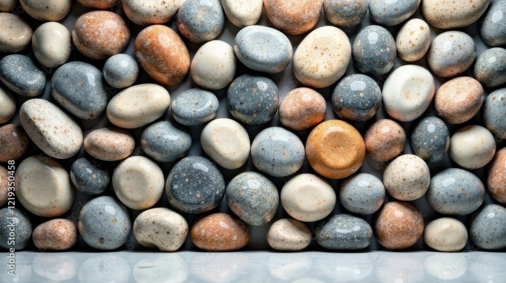 Poster a collection of smooth, speckled stones in earthy tones arranged in a neat row, creating a textural 