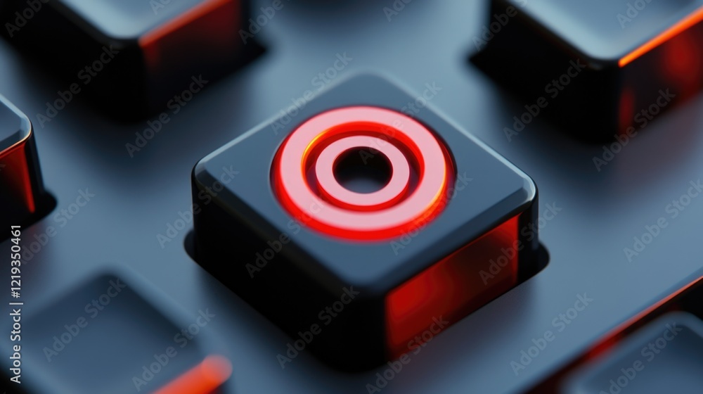 Poster a close-up view of a keyboard with a single red light on, suitable for use in images about technolog
