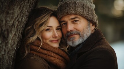 Fototapeta premium A man and a woman stand together near a tree, enjoying the outdoors