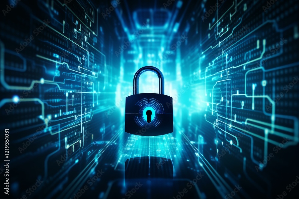 Poster padlock securing data flow inside a server room, symbolizing robust cyber security measures in digit