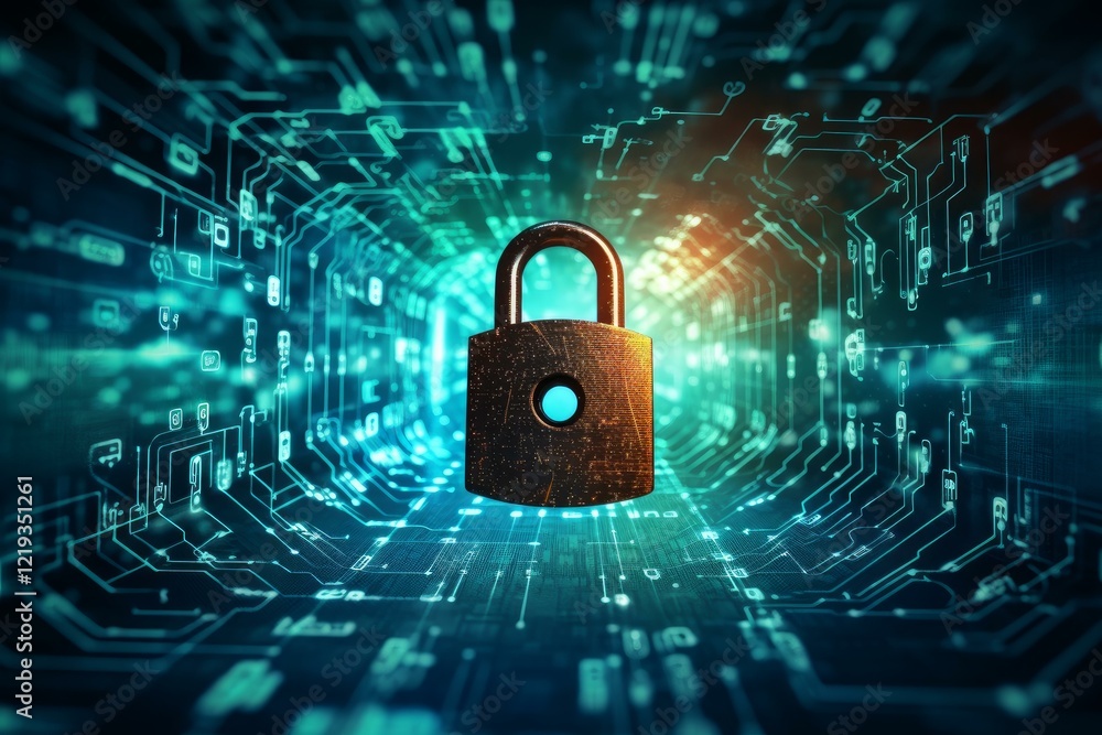 Poster glowing padlock securing data stream within a virtual circuit board tunnel, symbolizing cybersecurit
