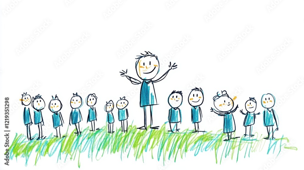 Poster happy children in a playful group with a smiling leader surrounded by grass and joyful expression
