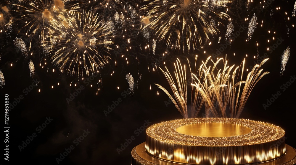 Poster a decorated cake with colorful fireworks exploding in the background