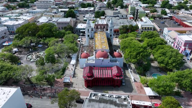 Aerial video of Parque de Bombas and the Catedral Nuestra, Senora de Guadalupe, Ponce, Puerto Rico.