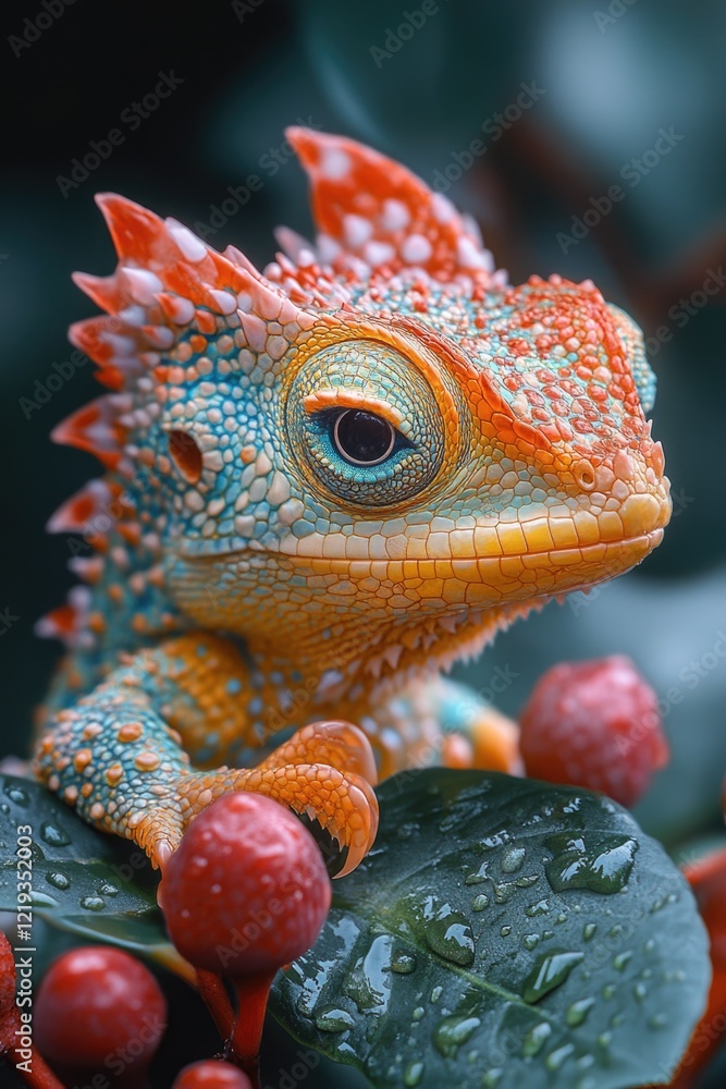 Poster a close-up shot of a lizard resting on a leaf, highlighting its texture and pattern