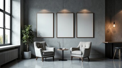 Fototapeta premium Modern minimalist living space featuring three blank frames, two armchairs, a small round table, a potted plant, and a pendant light.